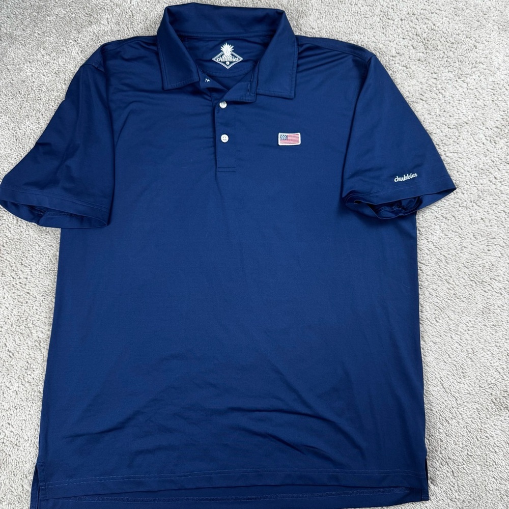 Chubbies Mens Large Navy Blue Performance Polo Shirt American Flag‎ Bamboo Blend